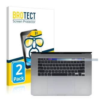 Front side of a product packaging with the brand logo BROTECT. Next to it is the device Apple MacBook Pro 16