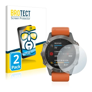 Front side of a product packaging with the brand logo BROTECT. Next to it is the device Garmin Fenix 6 shown with the correspo