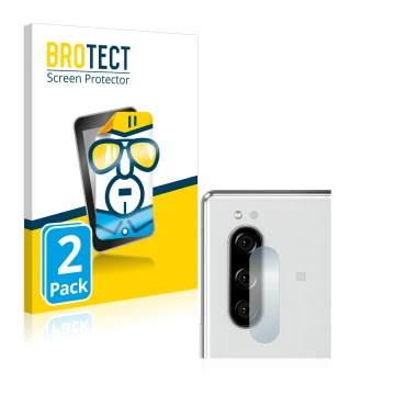 Front side of a product packaging with the brand logo BROTECT. Next to it is the device Sony Xperia 5 (ONLY Camera Lens) shown