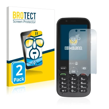 Front side of a product packaging with the brand logo BROTECT. Next to it is the device Doro 7010 shown with the corresponding