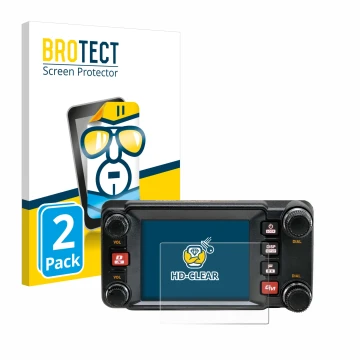 Front side of a product packaging with the brand logo BROTECT. Next to it is the device Yaesu FTM-400XDR shown with the corres