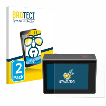 Front side of a product packaging with the brand logo BROTECT. Next to it is the device Akaso V50 Elite shown with the corresp