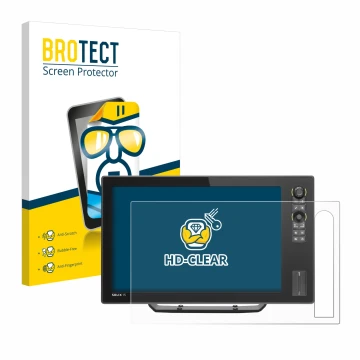 Front side of a product packaging with the brand logo BROTECT. Next to it is the device Humminbird Solix 12 shown with the cor