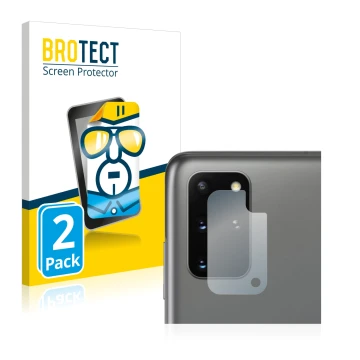 Front side of a product packaging with the brand logo BROTECT. Next to it is the device Samsung Galaxy S20 Plus (ONLY Camera L