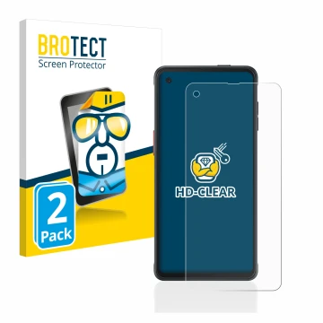 Front side of a product packaging with the brand logo BROTECT. Next to it is the device Samsung Galaxy XCover Pro shown with t