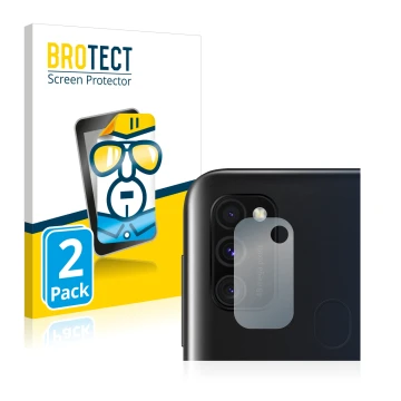 Front side of a product packaging with the brand logo BROTECT. Next to it is the device Samsung Galaxy M30s (ONLY Camera Lens)