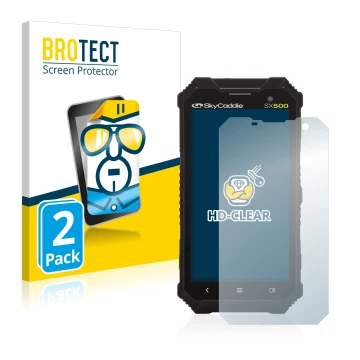 Front side of a product packaging with the brand logo BROTECT. Next to it is the device SkyCaddie SX500 shown with the corresp