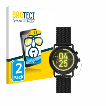 Front side of a product packaging with the brand logo BROTECT. Next to it is the device Skagen Smartwatch Falster 3 shown with