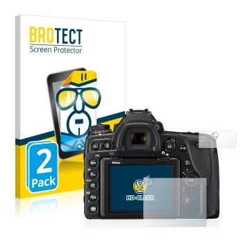 Front side of a product packaging with the brand logo BROTECT. Next to it is the device Nikon D780 shown with the correspondin