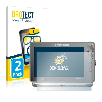 Front side of a product packaging with the brand logo BROTECT. Next to it is the device Lowrance HDS Live 12