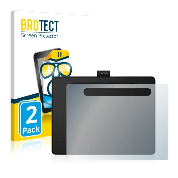 Front side of a product packaging with the brand logo BROTECT. Next to it is the device Wacom Intuos M shown with the correspo