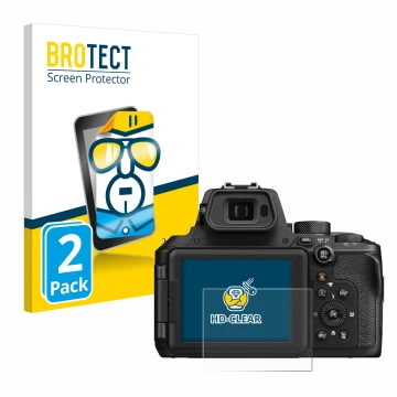 Front side of a product packaging with the brand logo BROTECT. Next to it is the device Nikon Coolpix P950 shown with the corr