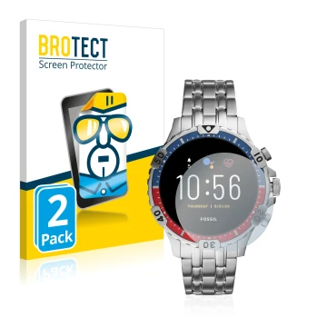 Front side of a product packaging with the brand logo BROTECT. Next to it is the device Fossil Garrett HR (5. Gen) shown with 