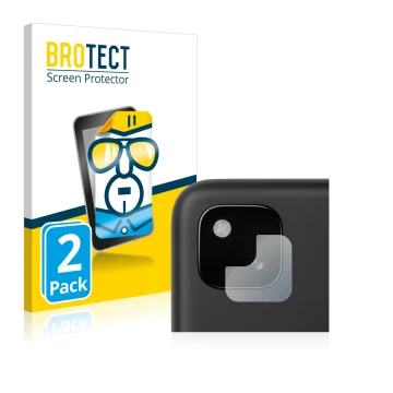 Front side of a product packaging with the brand logo BROTECT. Next to it is the device Google Pixel 4a (ONLY Camera Lens) sho