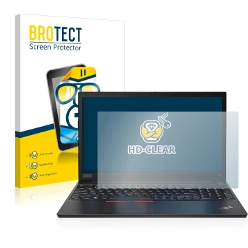 Front side of a product packaging with the brand logo BROTECT. Next to it is the device Lenovo ThinkPad E14 Gen 2 shown with t