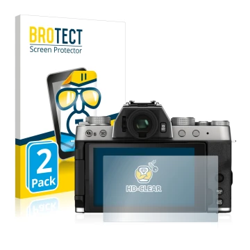 Front side of a product packaging with the brand logo BROTECT. Next to it is the device Fujifilm X-T200 shown with the corresp