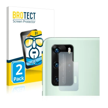 Front side of a product packaging with the brand logo BROTECT. Next to it is the device Huawei P40 Pro (ONLY Camera Lens) show