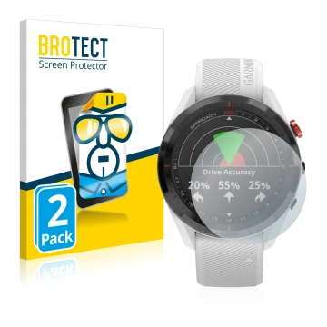 Front side of a product packaging with the brand logo BROTECT. Next to it is the device Garmin Approach S62 shown with the cor