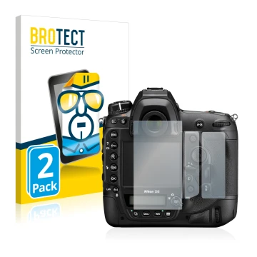 Front side of a product packaging with the brand logo BROTECT. Next to it is the device Nikon D6 shown with the corresponding 