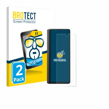 Front side of a product packaging with the brand logo BROTECT. Next to it is the device Samsung Galaxy Z Fold 2 5G shown with 