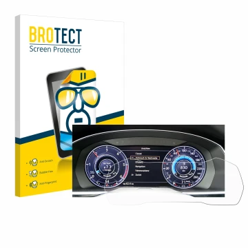 Front side of a product packaging with the brand logo BROTECT. Next to it is the device Volkswagen Passat Active Info Cockpit 