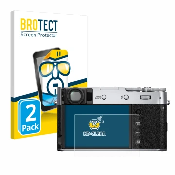 Front side of a product packaging with the brand logo BROTECT. Next to it is the device Fujifilm X100V shown with the correspo