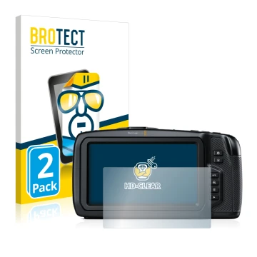 Front side of a product packaging with the brand logo BROTECT. Next to it is the device Blackmagic Pocket Cinema Camera 6K sho