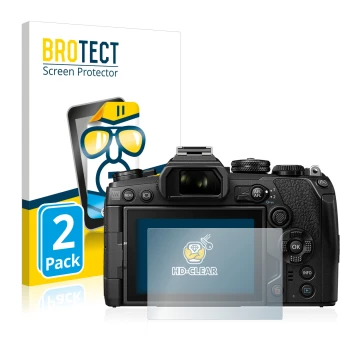 Front side of a product packaging with the brand logo BROTECT. Next to it is the device Olympus OM-D E-M1 Mark III shown with 