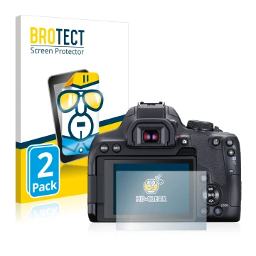 Front side of a product packaging with the brand logo BROTECT. Next to it is the device Canon EOS 850D shown with the correspo