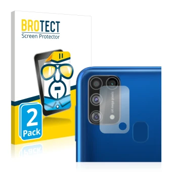Front side of a product packaging with the brand logo BROTECT. Next to it is the device Samsung Galaxy M31 (ONLY Camera Lens) 