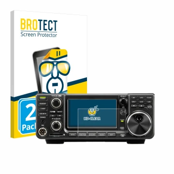 Front side of a product packaging with the brand logo BROTECT. Next to it is the device Icom IC-9700 shown with the correspond