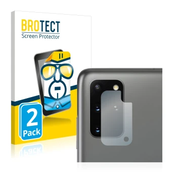 Front side of a product packaging with the brand logo BROTECT. Next to it is the device Samsung Galaxy S20 Plus 5G (ONLY Camer