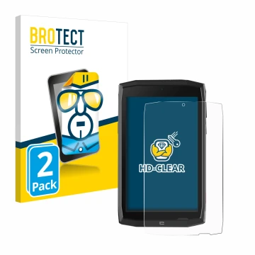 Front side of a product packaging with the brand logo BROTECT. Next to it is the device Crosscall Core T4 shown with the corre