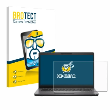 Front side of a product packaging with the brand logo BROTECT. Next to it is the device Dell Latitude 5400 shown with the corr