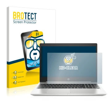 Front side of a product packaging with the brand logo BROTECT. Next to it is the device HP ProBook 450 G6 shown with the corre