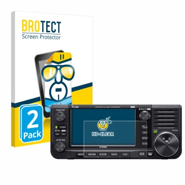 Front side of a product packaging with the brand logo BROTECT. Next to it is the device Icom IC-705 shown with the correspondi
