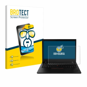 Front side of a product packaging with the brand logo BROTECT. Next to it is the device Lenovo ThinkPad L490 shown with the co
