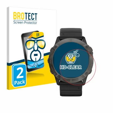 Front side of a product packaging with the brand logo BROTECT. Next to it is the device Garmin Fenix 6X Pro Solar shown with t