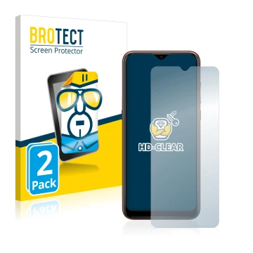 Front side of a product packaging with the brand logo BROTECT. Next to it is the device Wiko View 4 shown with the correspondi
