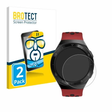 Front side of a product packaging with the brand logo BROTECT. Next to it is the device Huawei Watch GT 2e shown with the corr