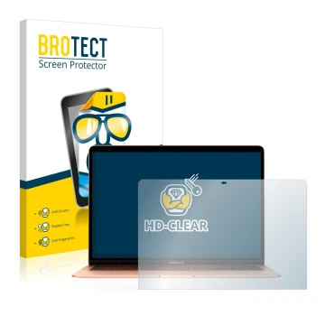 Front side of a product packaging with the brand logo BROTECT. Next to it is the device Apple MacBook Air 13.3