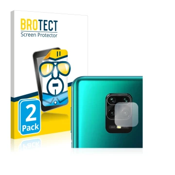 Front side of a product packaging with the brand logo BROTECT. Next to it is the device Xiaomi Redmi Note 9S (ONLY Camera Lens