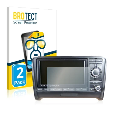 Front side of a product packaging with the brand logo BROTECT. Next to it is the device Audi A3 8P 2004-2012 RNS-E shown with 