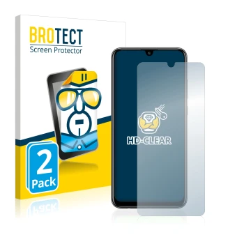 Front side of a product packaging with the brand logo BROTECT. Next to it is the device Huawei P smart 2020 shown with the cor