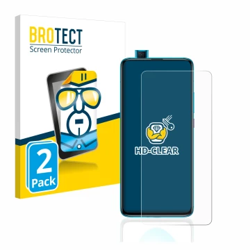 Front side of a product packaging with the brand logo BROTECT. Next to it is the device Xiaomi Poco F2 Pro shown with the corr