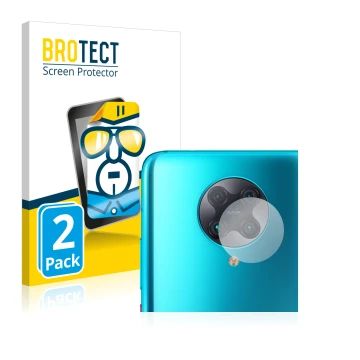 Front side of a product packaging with the brand logo BROTECT. Next to it is the device Xiaomi Poco F2 Pro (ONLY Camera Lens) 
