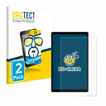 Front side of a product packaging with the brand logo BROTECT. Next to it is the device Teclast P10S shown with the correspond
