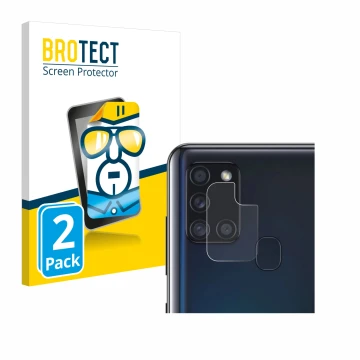 Front side of a product packaging with the brand logo BROTECT. Next to it is the device Samsung Galaxy A21s (ONLY Camera Lens)