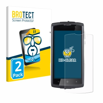 Front side of a product packaging with the brand logo BROTECT. Next to it is the device GoClever Quantum 500 Steel shown with 