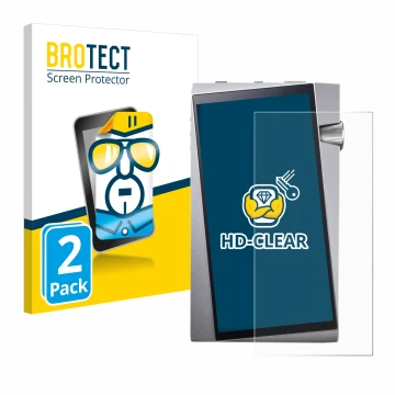 Front side of a product packaging with the brand logo BROTECT. Next to it is the device Astell&Kern A&norma SR25 shown with th